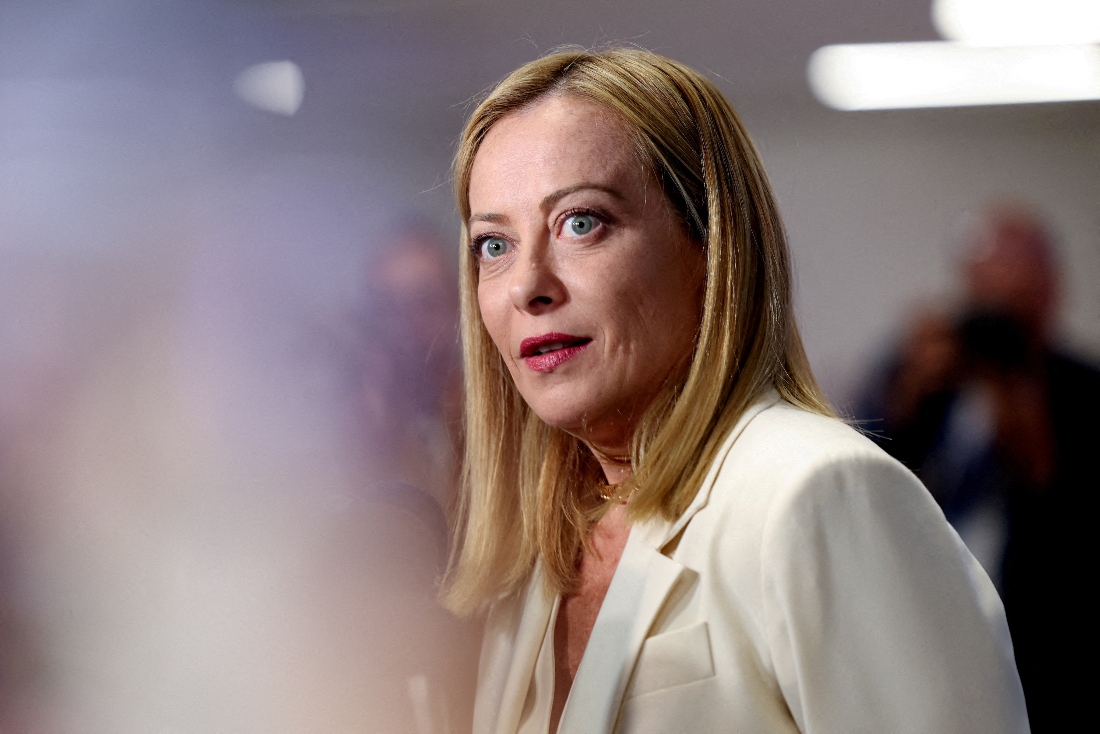Italian Prime Minister Giorgia Meloni reacts as she speaks to the media at a NATO summit in The Hague, Netherlands. (Reuters)