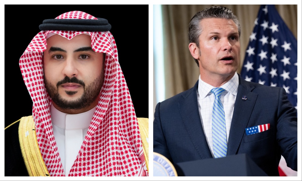 Saudi Defense Minister Prince Khalid bin Salman and US Secretary of Defense Pete Hegseth. (File/SPA/AFP)