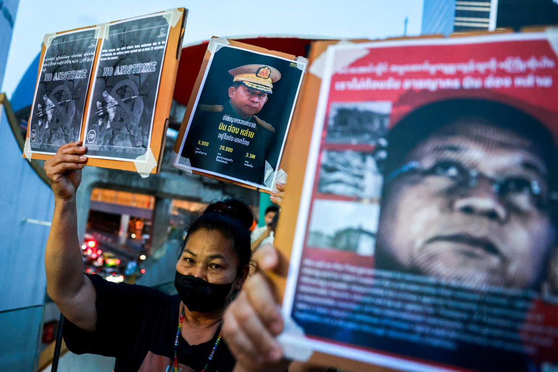 A coup led by military chief Min Aung Hlaing ousted elected leader Aung San Suu Kyi in February 2021. Above, activists hold up pictures of Myanmar’s junta leader during a protest against his visit to Thailand on April 4, 2025. (Reuters)