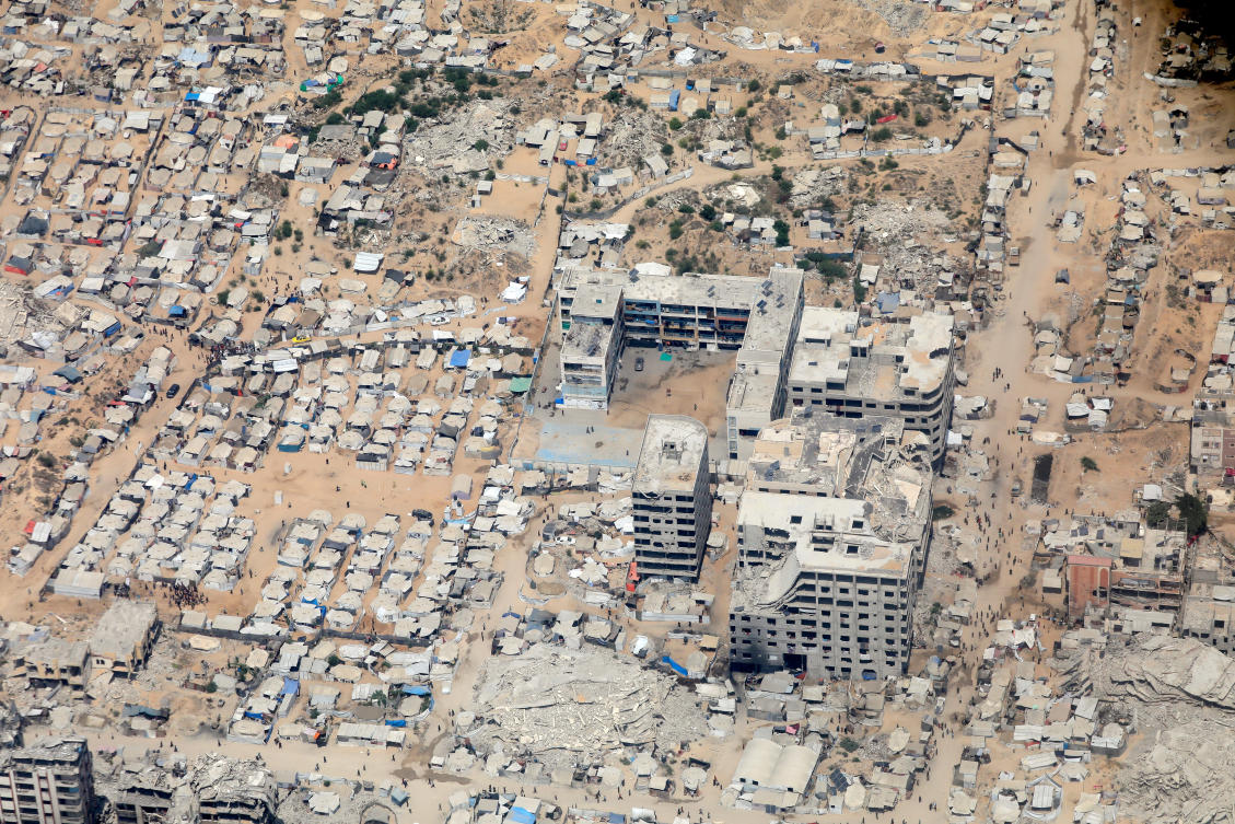 An aerial view from a Jordanian military aircraft on Saturday shows the Gaza Strip, before humanitarian aid is airdropped over it. (Reuters)