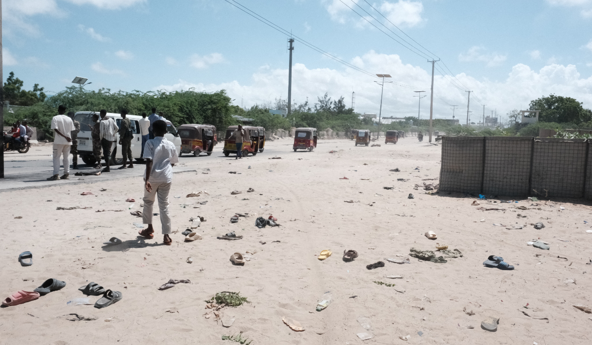 A general view of shoes scattered near the site of a suicide bombing in Mogadishu on May 18, 2025. (AFP)