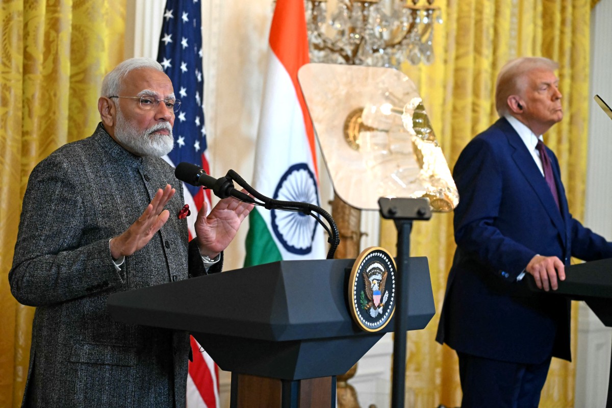 US President Donald Trump and Indian Prime Minister Narendra Modi hold a joint press conference in the East Room of the White House in Washington, DC, on Feb. 13, 2025. (AFP/File)