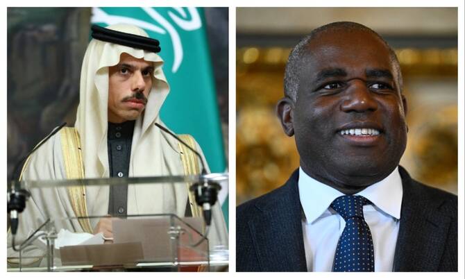 Saudi Foreign Minister Prince Faisal bin Farhan and British Secretary of State for Foreign, Commonwealth, and Development Affairs David Lammy. (AFP/File Photo)