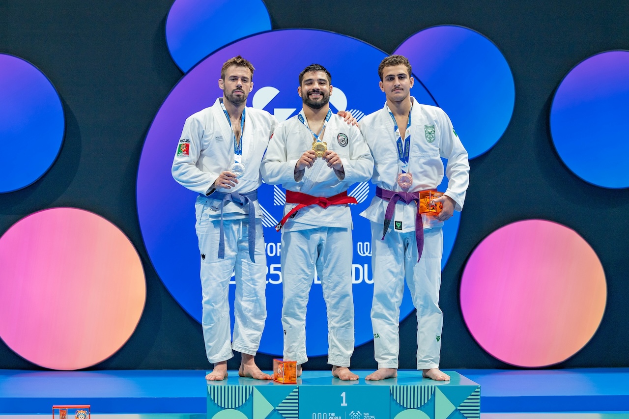Saeed Al-Kubaisi (center) clebrates winning gold for the UAE at the World Games Chengdu 2025. (Supplied)