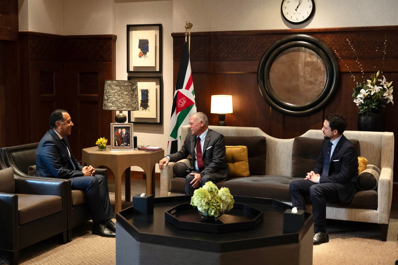 King Abdullah II of Jordan, Crown Prince Al Hussein bin Abdullah II and Egyptian Prime Minister Mostafa Madbouly during a meeting at Al-Husseiniya Palace in Amman. (Petra)