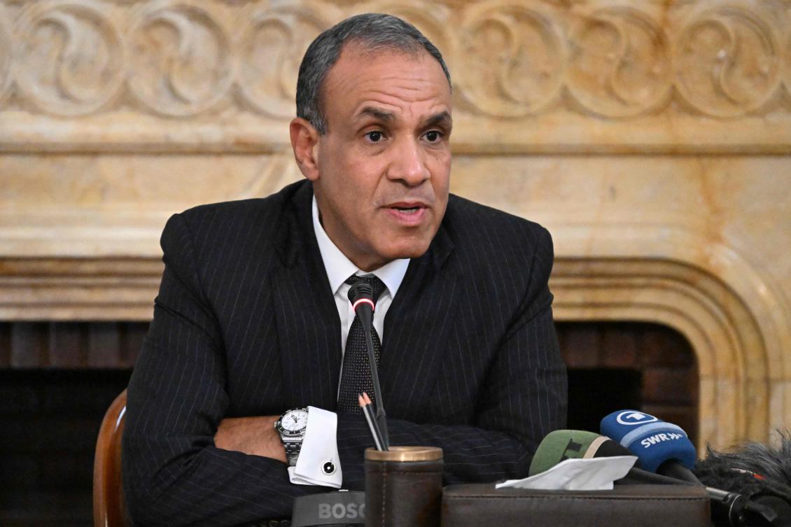 Egyptian Foreign Minister Badr Abdelatty speaks during a press conference about the situation in the Gaza Strip, in Cairo on August 12, 2025. (AFP)