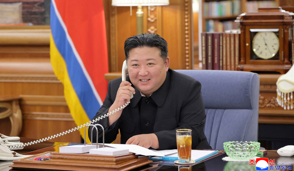 North Korean leader Kim Jong Un holds a call with Russian President Vladimir Putin, in Pyongyang, North Korea, in this picture released by the Korean Central News Agency on August 13, 2025. (REUTERS)