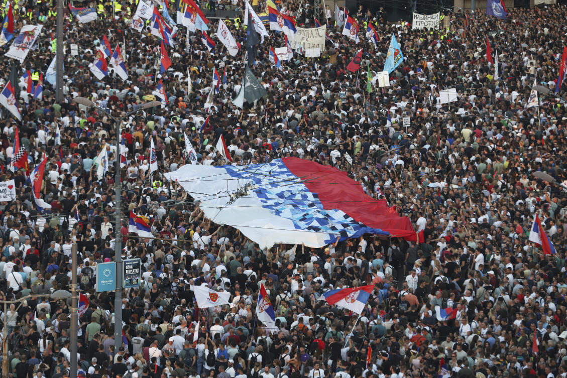 People attend a major anti-government rally in Belgrade, Serbia, Saturday, June 28, 2025. (AP)