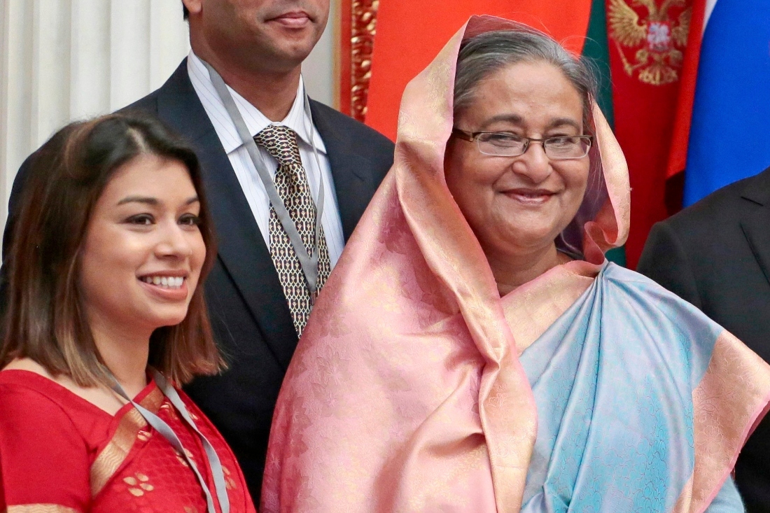 Tulip Siddiq stands beside Bangladesh Prime Minister Sheikh Hasina in the Kremlin in Moscow, Russia. (AP)
