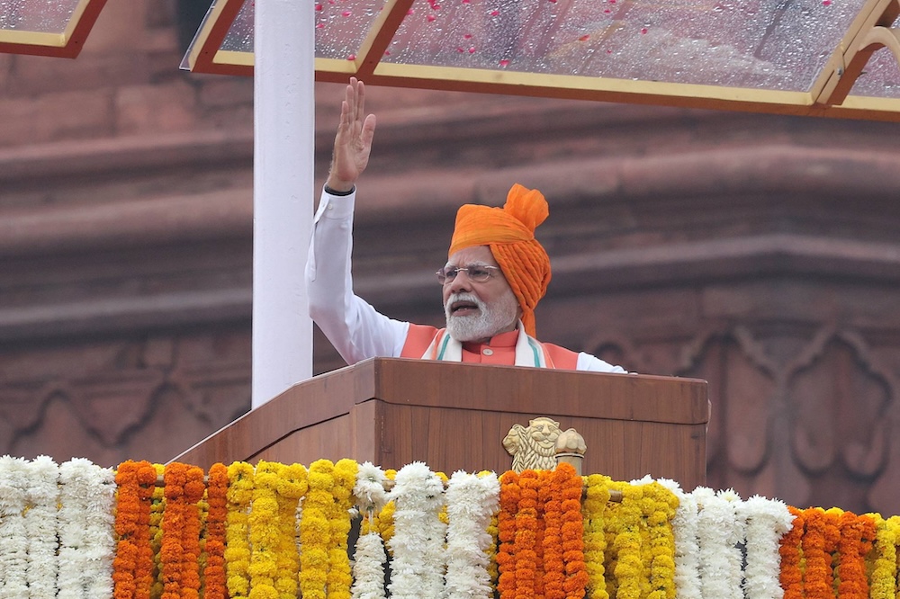 India’s Prime Minister Narendra Modi addresses the nation during Independence Day celebrations at the historic Red Fort in Delhi, India, Aug. 15, 2025. (Reuters)