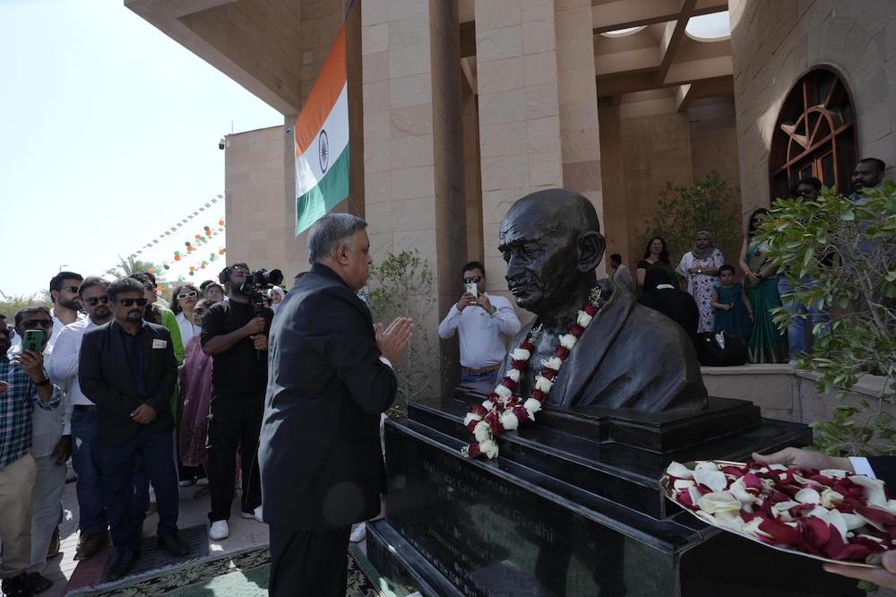 Indian Embassy celebrates 79th Independence Day. Ambassador Dr. Suhel Ajaz Khan paying floral tributes at the bust of father of the nation Mahatma Gandhi. (Embassy of India)
