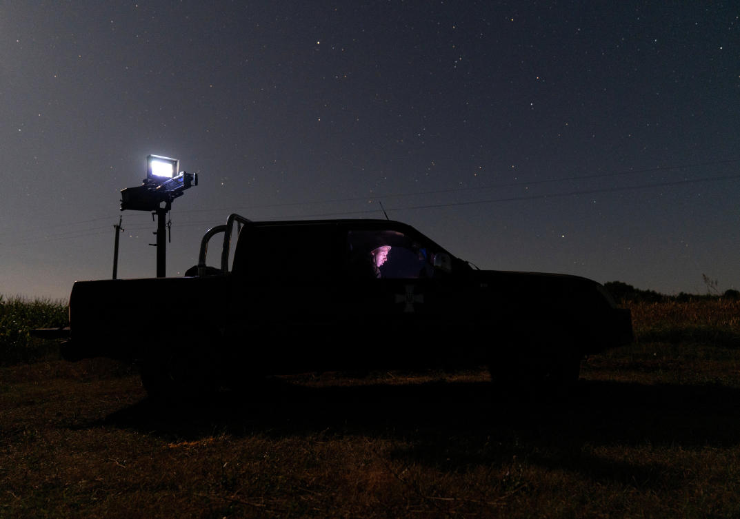 Ukrainian serviceman from anti-drone mobile air defense unit is seen during an overnight shift in Chernihiv region on Aug. 15, 2025. (Reuters)