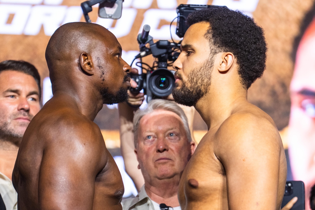 Moses Itauma (right) and Dillian Whyte face off ahead of their Heavyweight bout in Riyadh on Saturday. (Supplied)