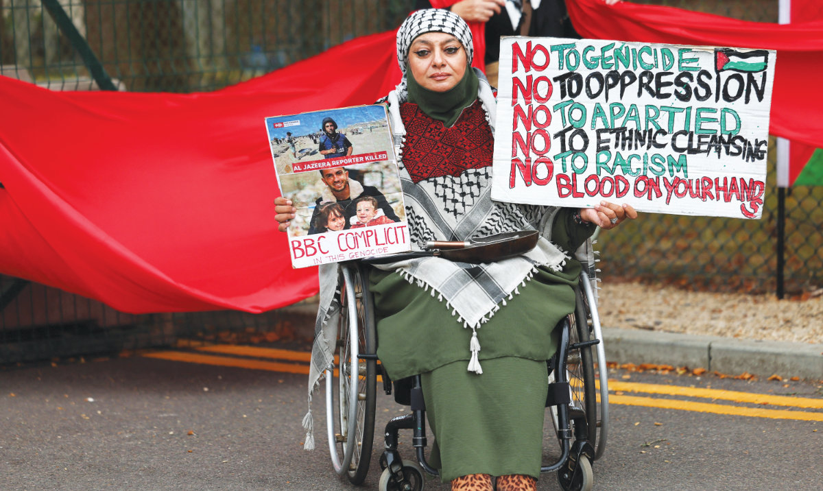 A demonstrator takes part in a protest on Saturday, organized by the Palestine Solidarity Campaign in Buckinghamshire, Britain. (Reuters)