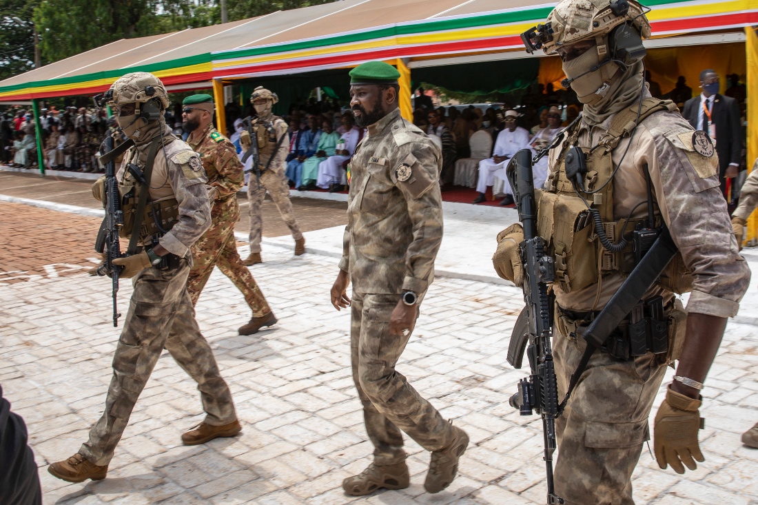 Leader of Mali's ruling junta Lt. Col. Assimi Goita, center, attends an independence day military parade in Bamako, Mali. (AP)