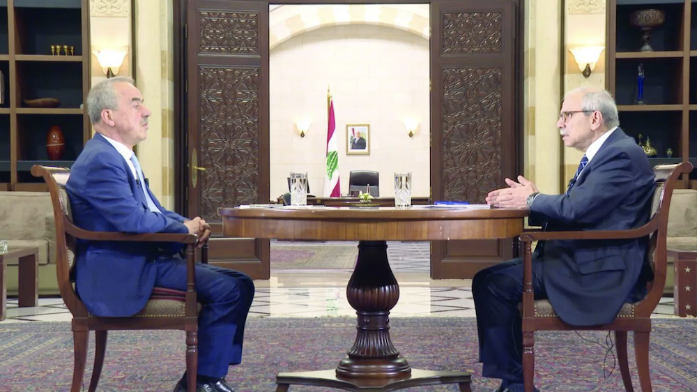 Lebanese Prime Minister Nawaf Salam sits down for an interview with Asharq Al-Awsat. (Screenshot/Asharq Al-Awsat)