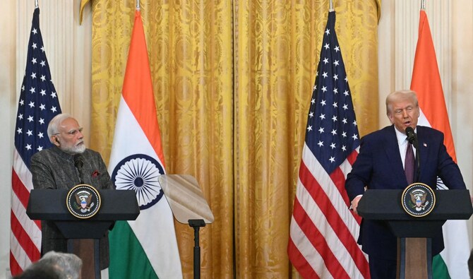 Indian Prime Minister Narendra Modi listens to US President Donald Trump during a press conference in the East Room of the White House in Washington, DC, on February 13, 2025. (AFP/File)