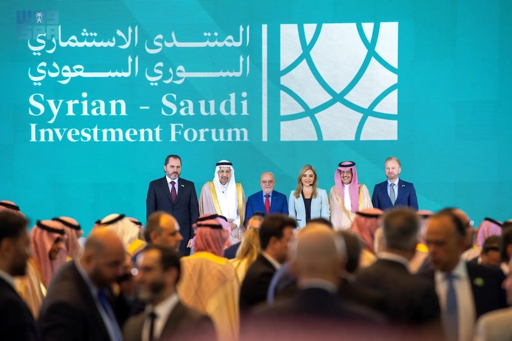 The $6.4 billion worth of investment deals were announced by Investment Minister Khalid Al-Falih, second left, during the Syrian-Saudi Investment Forum held in Damascus on July 24. (SPA)