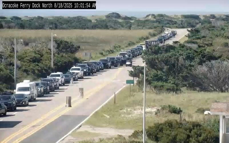 Above, cars are lined up to evacuate via ferry from Ocracoke Island to Hatteras Island, North Carolina on Aug. 18, 2025, due to the expected impact of Hurricane Erin. (North Carolina Department of Transportation via AP)