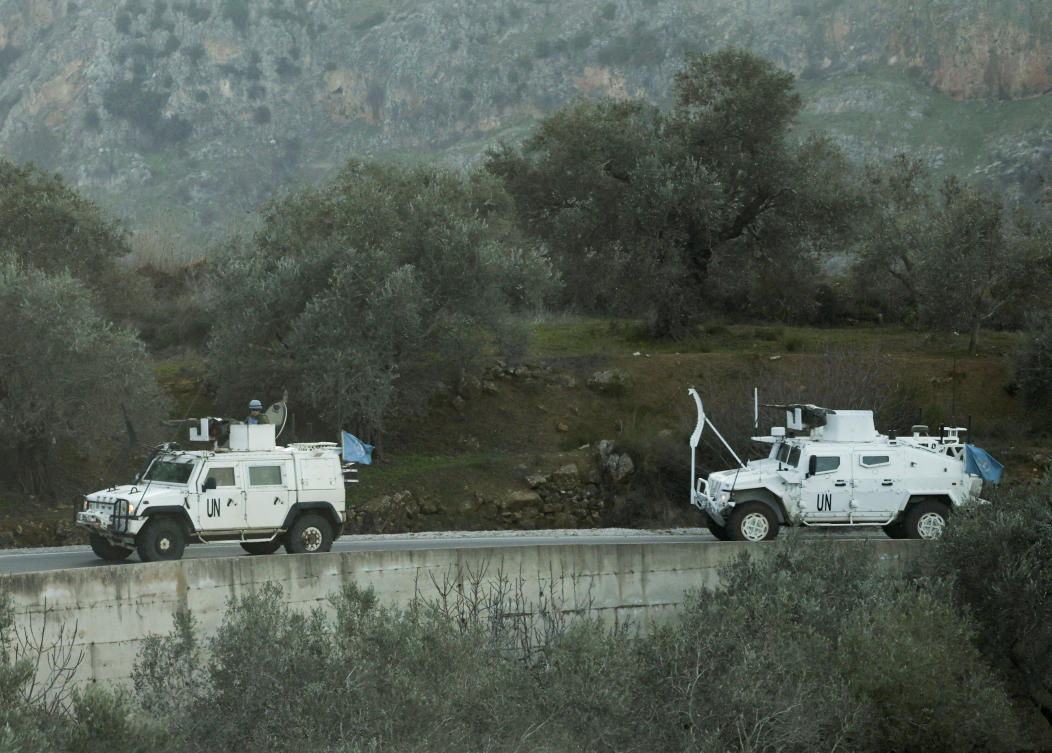 UN peacekeepers (UNIFIL) vehicles ride along a street in Marjaayoun, Southern Lebanon January 20, 2025. (Reuters)