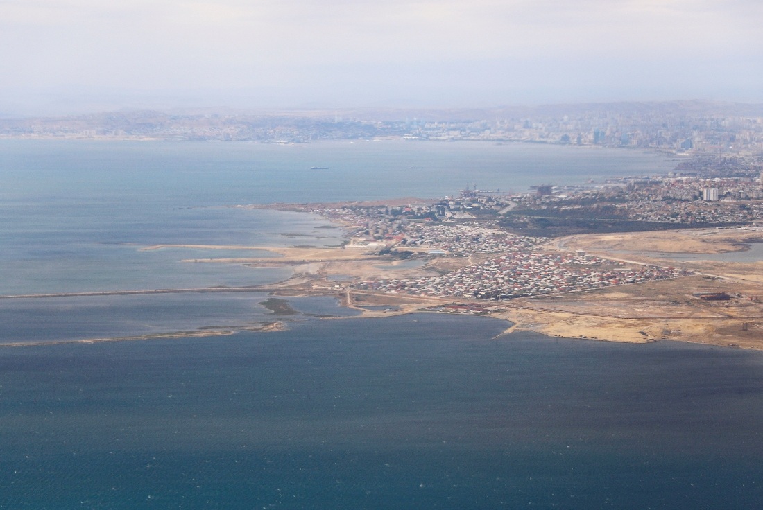 An aerial view of the Caspian Sea near the city of Baku through the window of an airplane, in Baku Azerbaijan. (Reuters)
