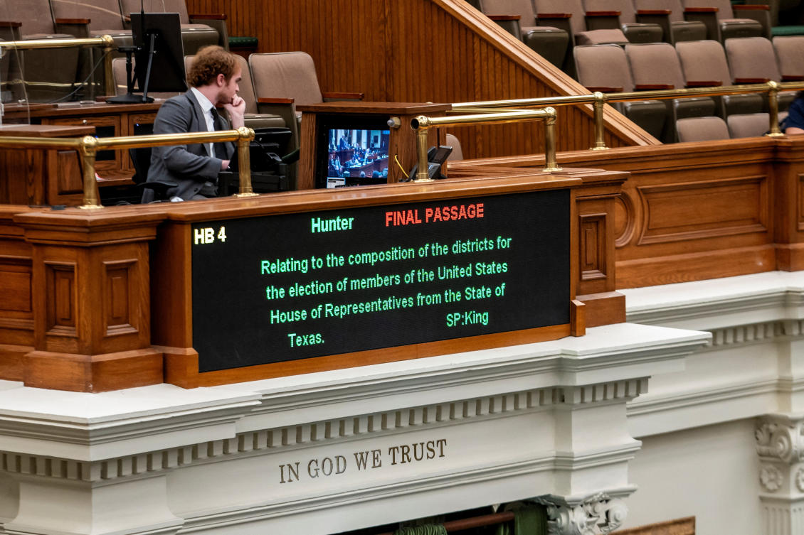 A screen displays information as HB 4, a bill that would redraw Texas’s 38 Congressional Districts, passes at the Texas State Capitol in Austin on Aug. 23, 2025. (Reuters)