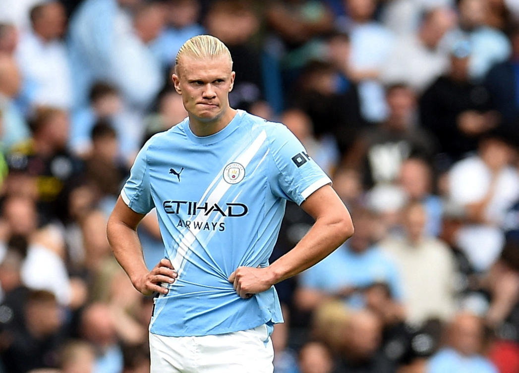 Manchester City’s Erling Haaland reacts after his side lost 2-0 to Tottenham Hotspur at the Etihad Stadium. (Reuters)