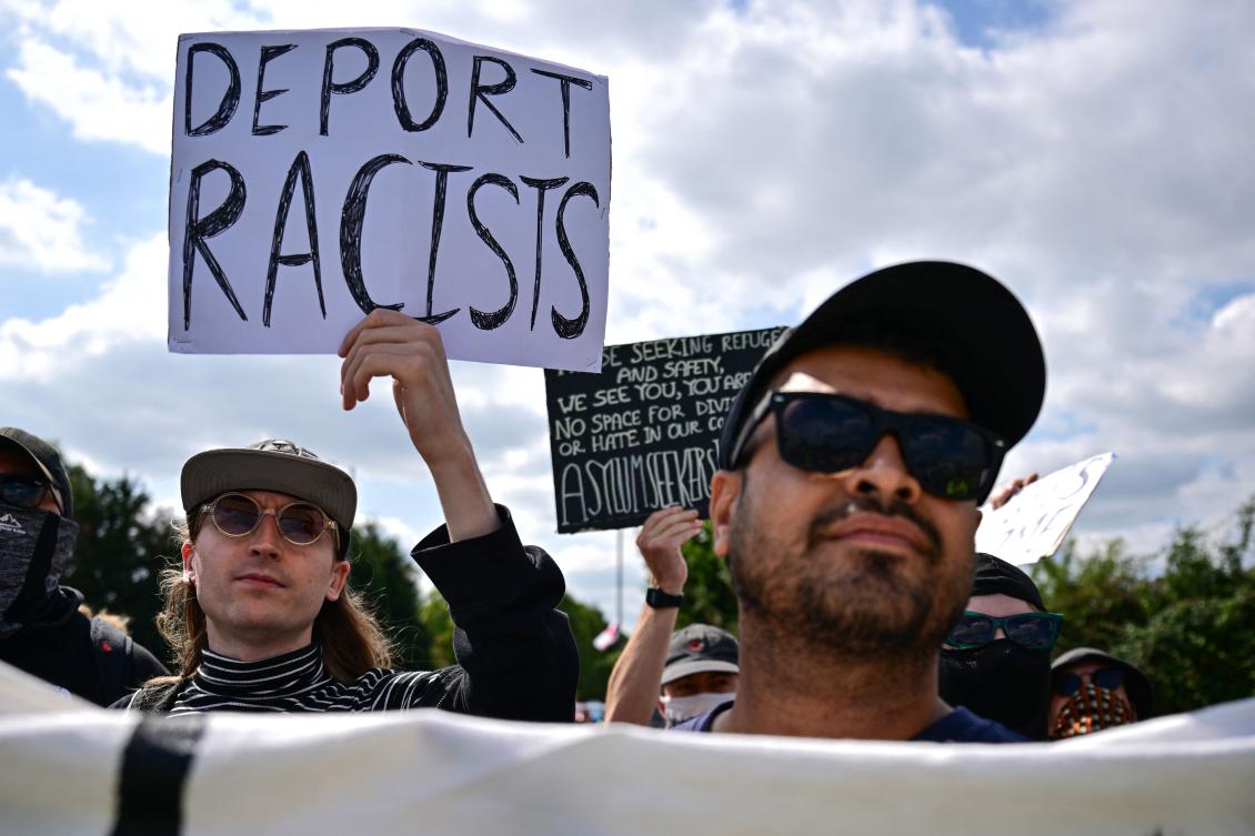Above, demonstrators during a counter protest to an anti-immigration rally in Horley, south of London on Aug. 23, 2025. (AFP)