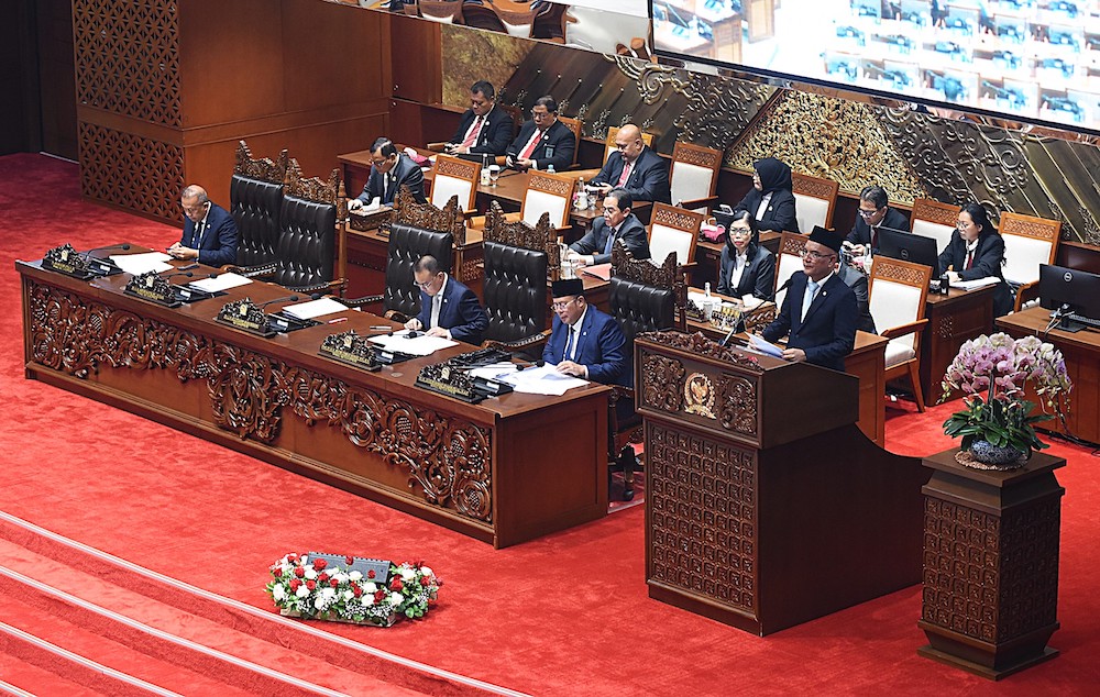 Indonesian lawmakers sit for a plenary session at the House of Representatives building in Jakarta before voting on the revisions to the 2019 Hajj and Umrah Law on Aug. 26, 2025. (DPR)