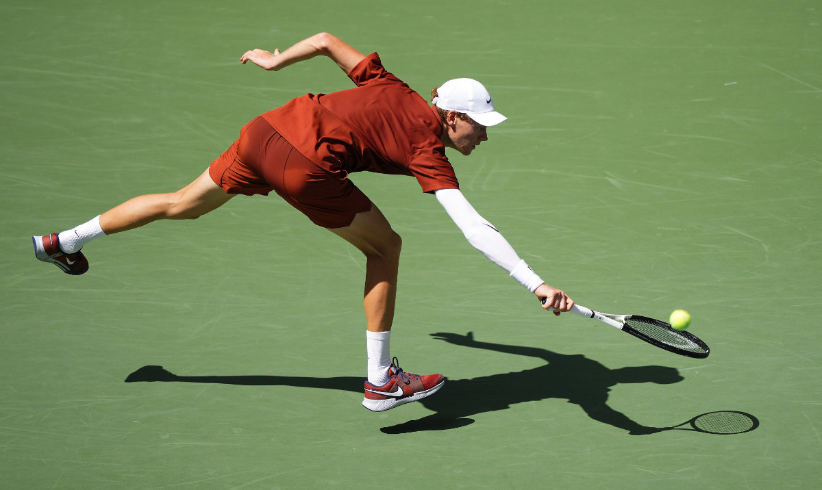 Jannik Sinner, of Italy, returns a shot to Vit Kopriva, of the Czech Republic, during the first round of the US Open tennis championships Tuesday in New York. (AP)