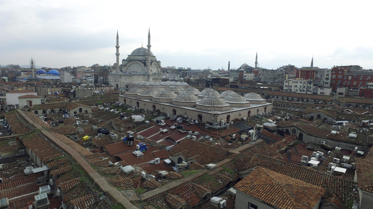 Aerial photo taken with a drone shows the roof of Istanbul's centuries-old Grand Bazaar, foreground, Feb. 1, 2016. (FILE/AP)