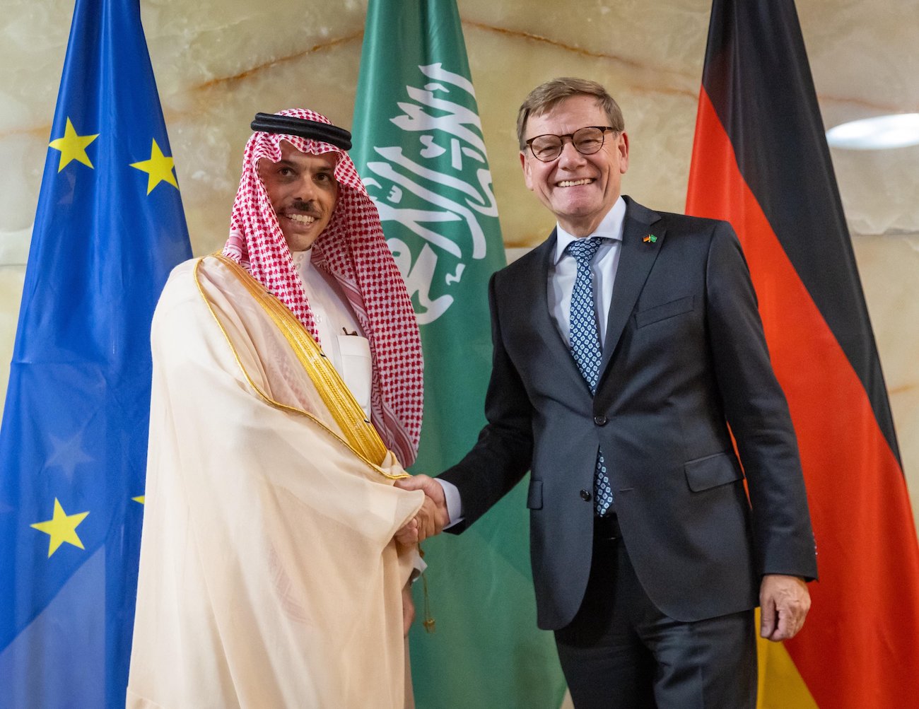 Saudi Foreign Minister Prince Faisal bin Farhan meets with his German counterpart Johann Wadephul in Berlin on Wednesday. (SPA)