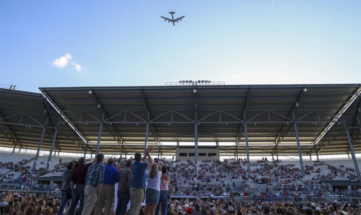 This photo provided by the North Dakota Governor’s Office shows a B-52 bomber from Minot Air Force Base in a flyover at the North Dakota State Fair on July 18, 2025, in Minot, N.D. (AP/File)