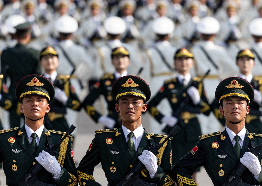 Soldiers of the People's Liberation Army (PLA) of China attend a training ahead of a military parade to mark the 80th anniversary of the end of World War Two, in Beijing, China. (Reuters)