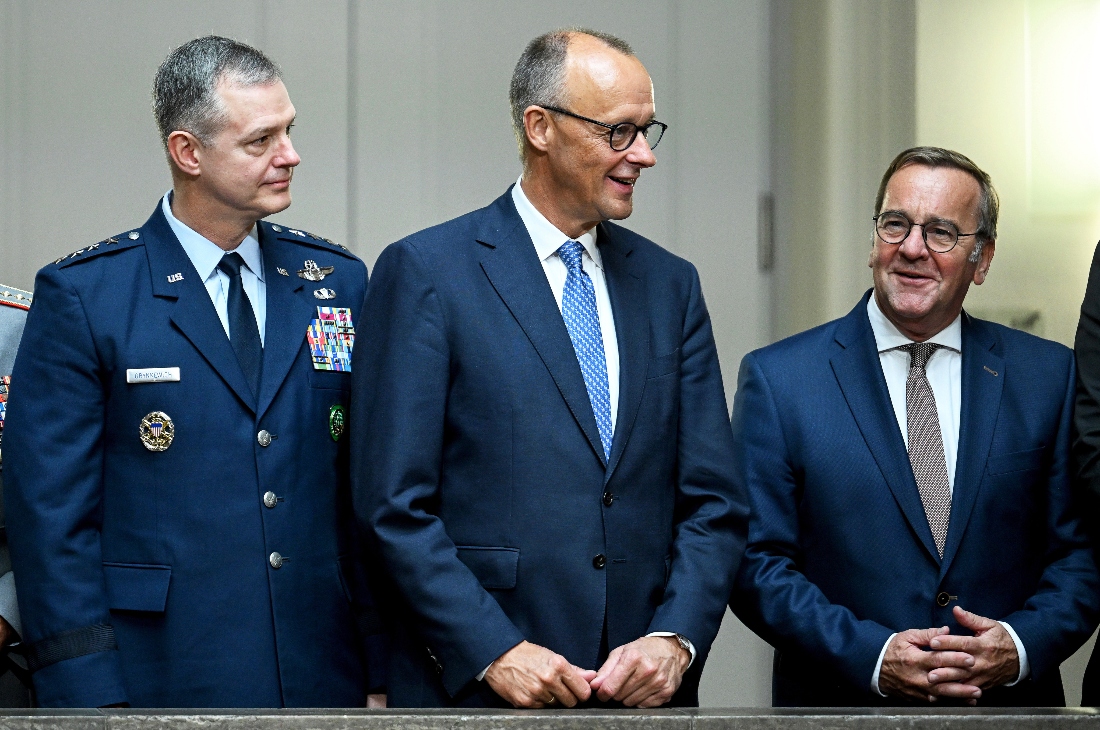 Lieutenant General and Commander in Chief of NATO forces in Europe Alexus G. Grynkewich, German Chancellor Friedrich Merz and German Minister of Defense Boris Pistorius pose for a photograph during a meeting in Berlin, Germany.