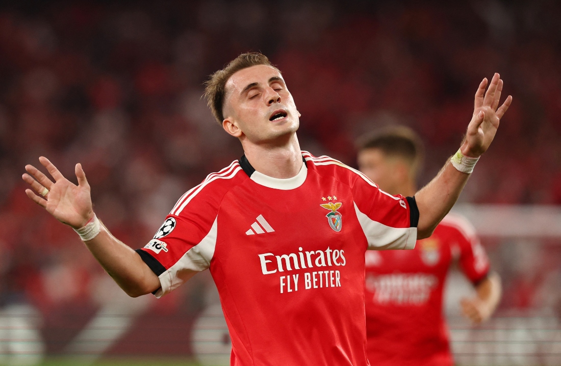 Benfica's Kerem Akturkoglu celebrates scoring their first and eventual winning goal against Fenerbahce during the sides' UEFA Champions League playoff second leg at Estadio da Luz in Lisbon Wednesday. (Reuters)