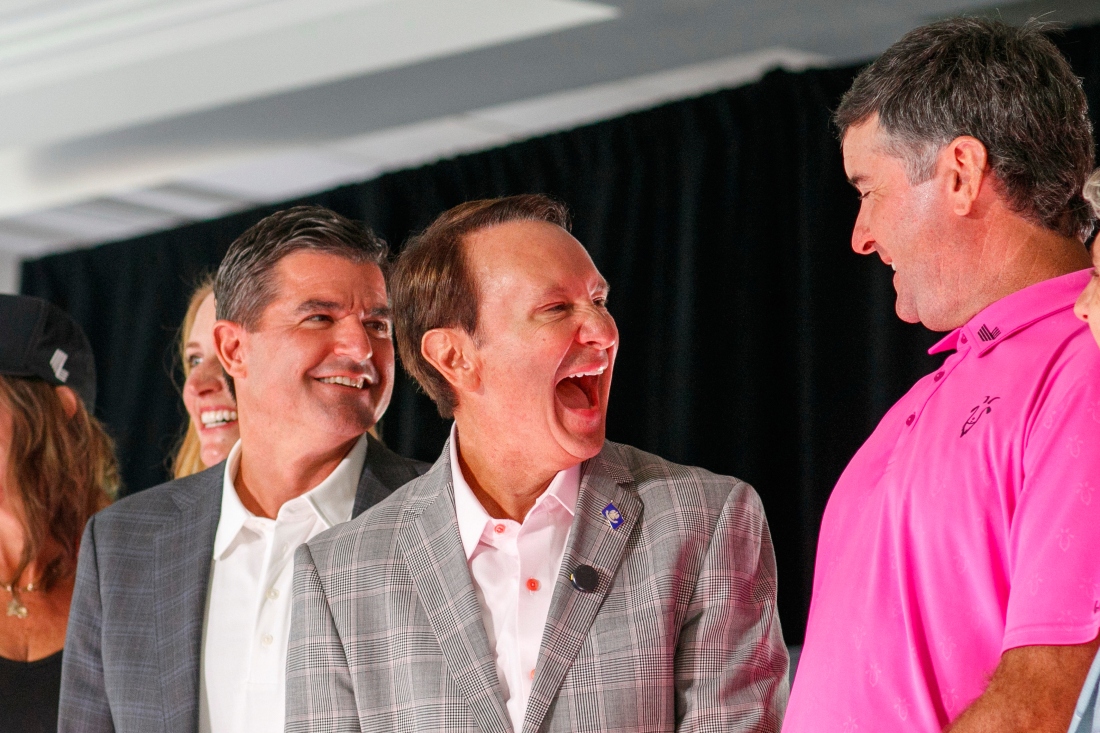 Louisiana Gov. Jeff Landry, center, with LIV CEO Scott O’Neil, left, and golfer Bubba Watson during a press event Wednesday in New Orleans, announcing the LIV Golf Louisiana tournament in New Orleans next year. (The Times-Picayune/The New Orleans Advocate via AP)