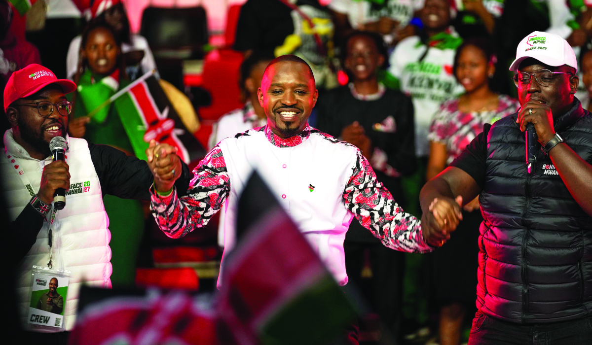 Prominent Kenyan activist Boniface Mwangi gestures during a rally launching his official presidential campaign in Nairobi, Kenya, Wednesday, Aug. 27, 2025. (AP)