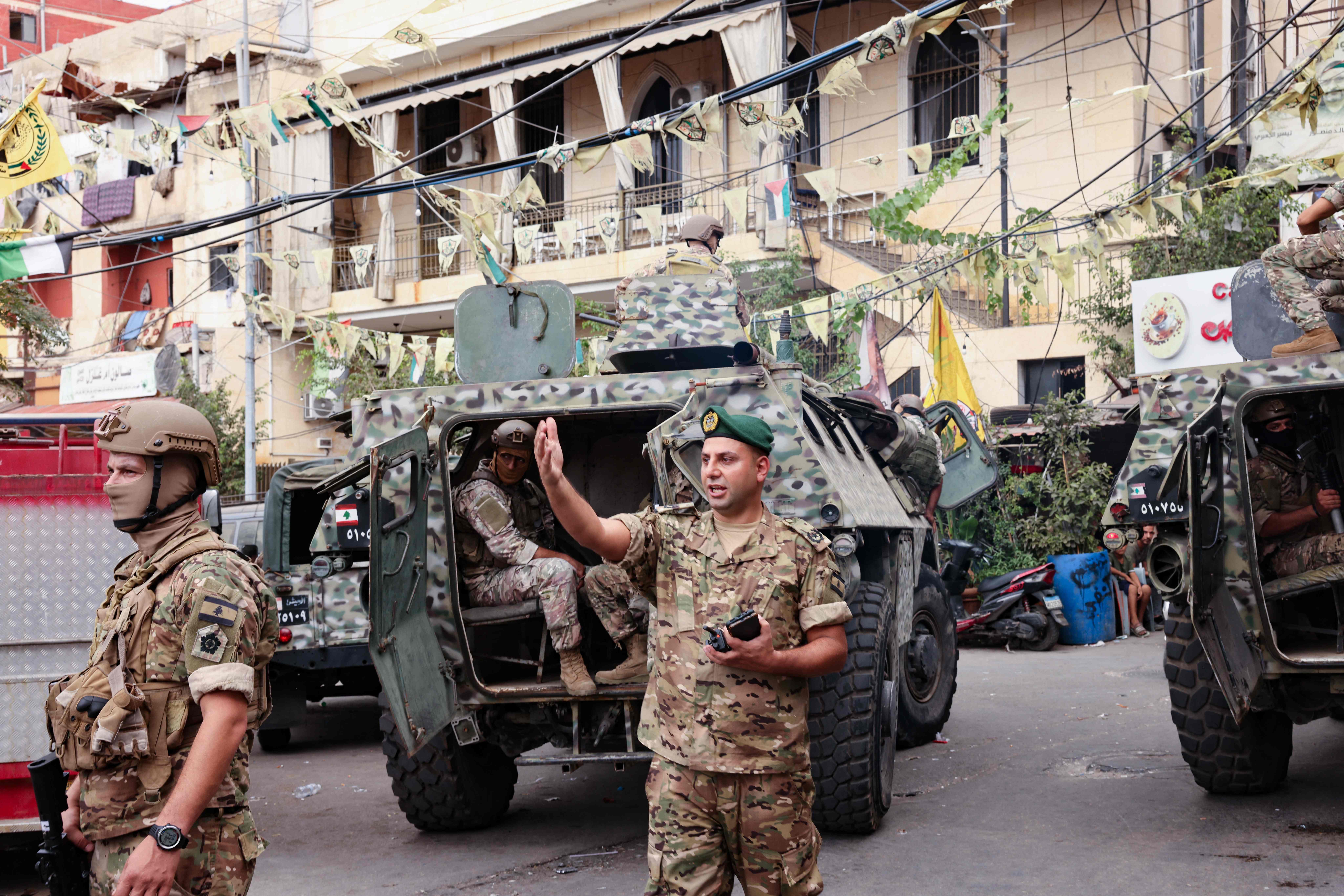 Lebanese army soldiers are stationed at the Burj al-Barajneh camp for Palestinian refugees in Beirut's southern suburbs on August 29, 2025, as armed Palestinian groups in the refugee camps continue to hand over their weapons to the Lebanese authorities. (AFP)