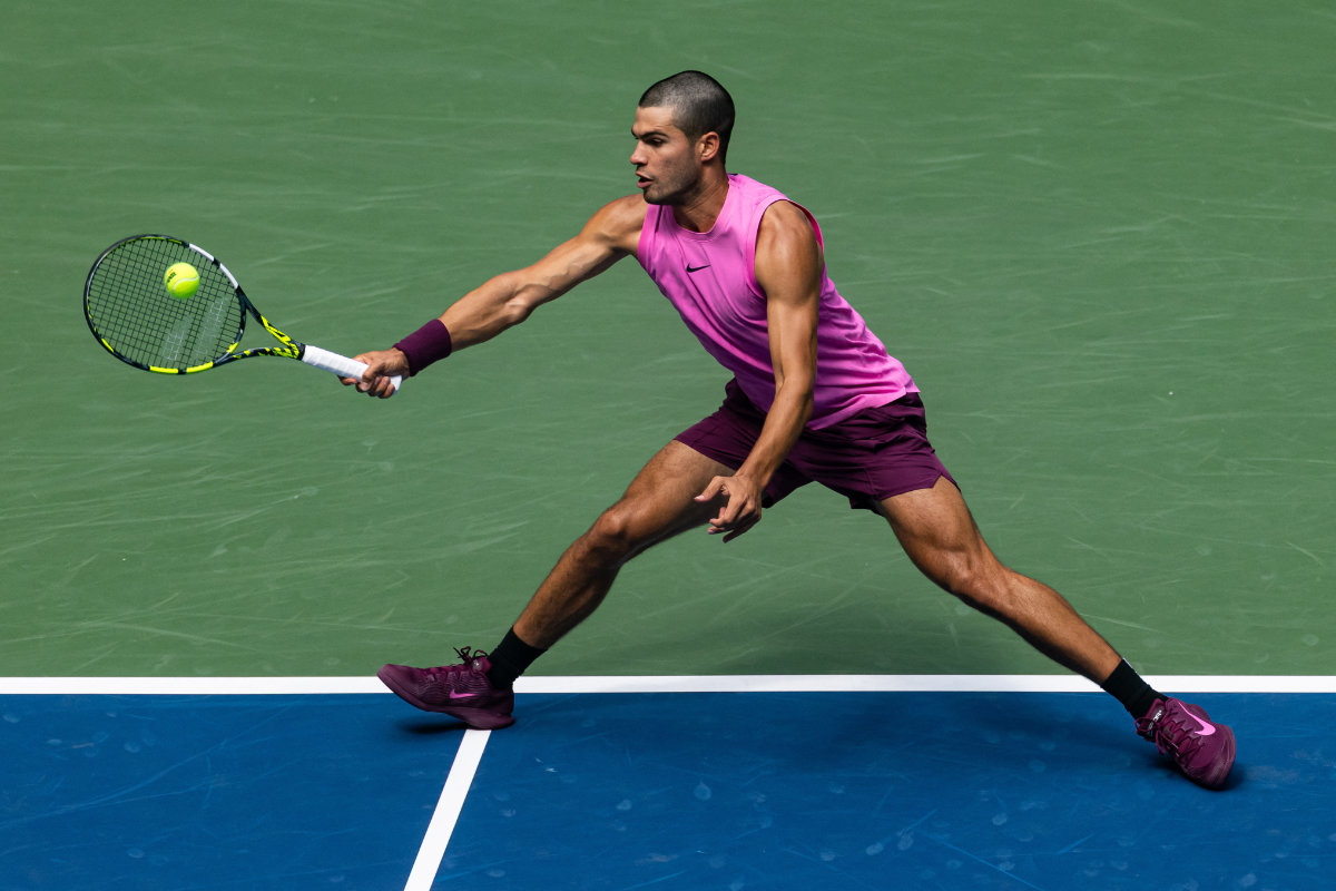 Carlos Alcaraz of Spain in action against Luciano Darderi of Italy in the third round of the men’s singles at the US Open at Arthur Ashe Stadium in Billie Jean King National Tennis Center on Friday. (Mike Frey-Imagn Images)
