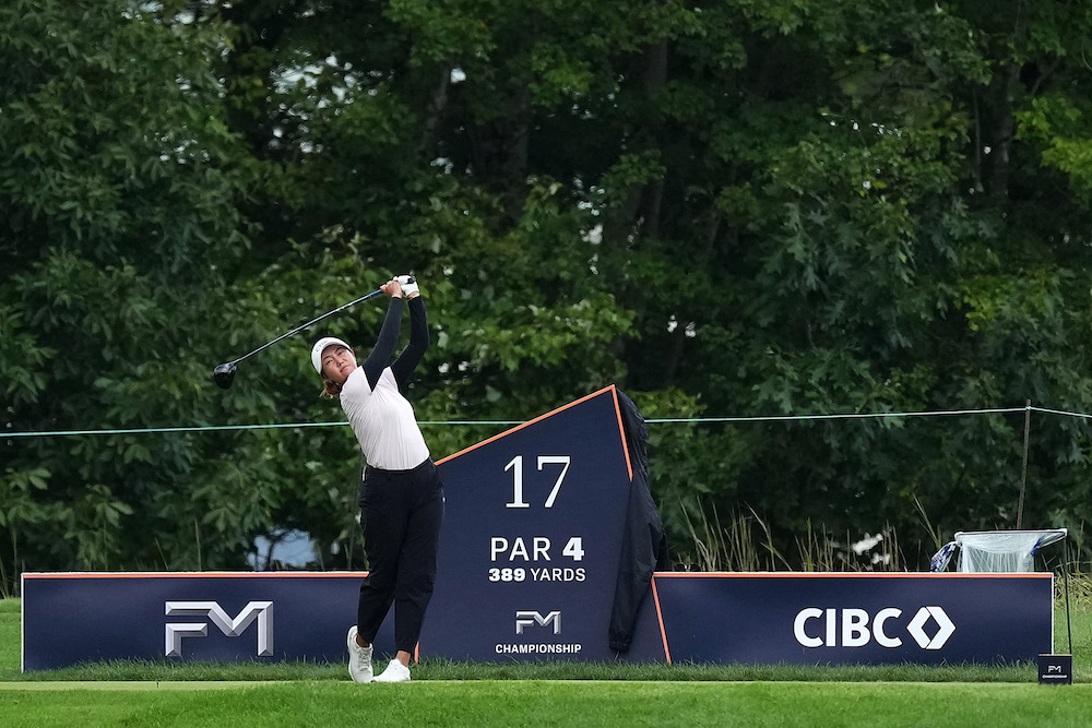 Miranda Wang of China plays her shot from the 17th tee during the second round of the FM Championship 2025 at TPC Boston on Friday in Norton, Massachusetts. (Getty Images via AFP)