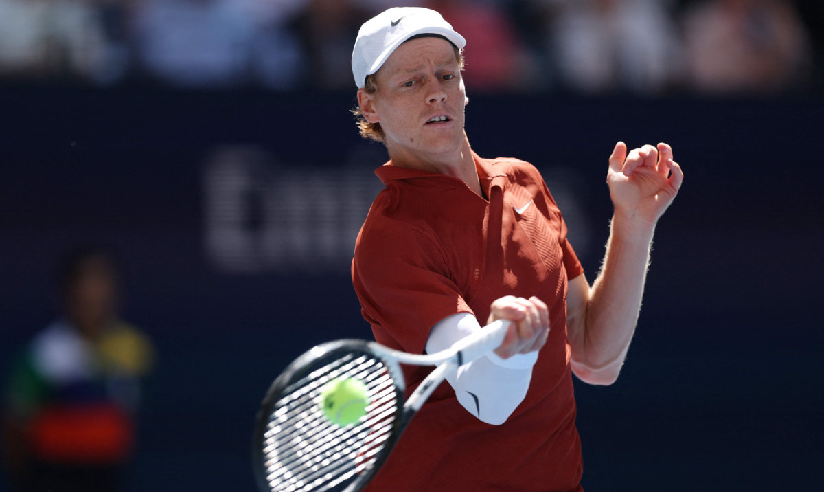 Jannik Sinner of Italy returns to Denis Shapovalov of Canada during their Men's Singles Third Round match on Day Seven of the 2025 US Open at USTA Billie Jean King National Tennis Center on August 30, 2025 in the Flushing neighborhood of the Queens borough of New York City. (AFP)