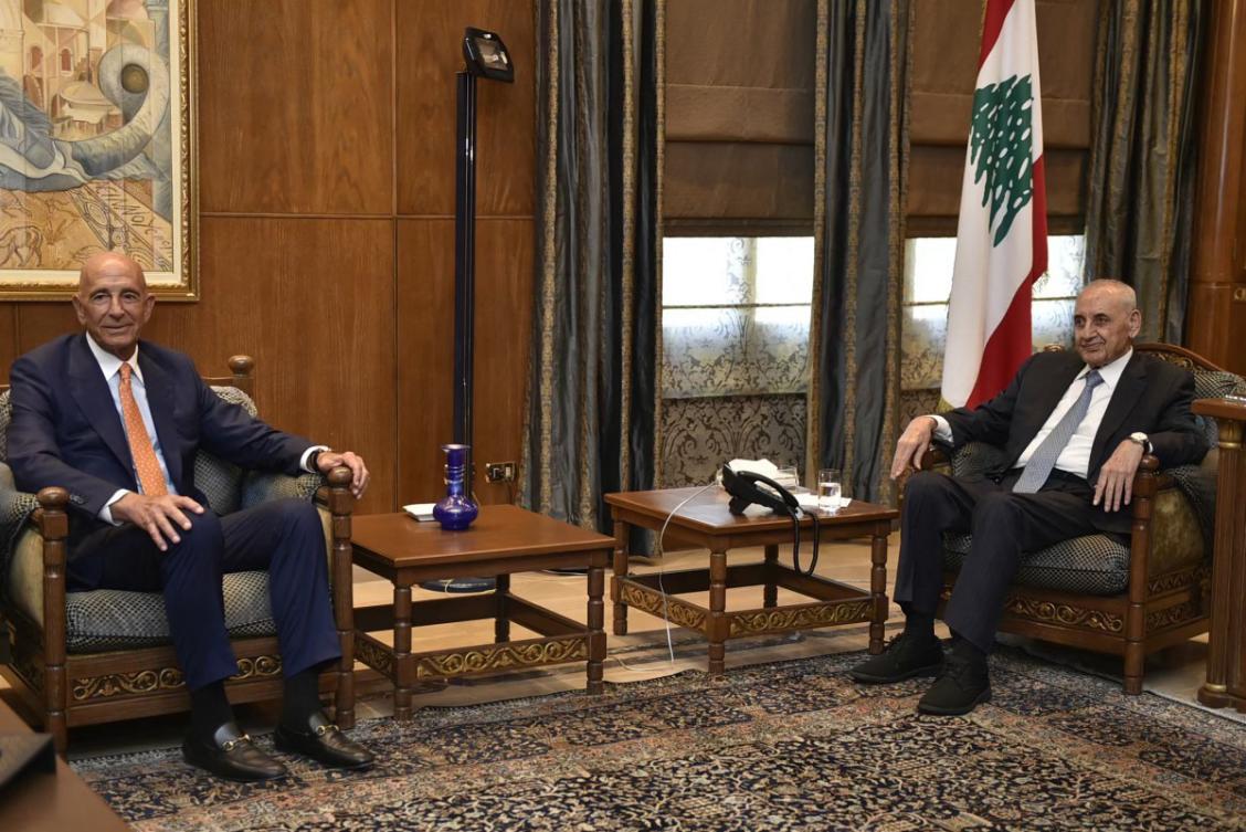 Lebanese Parliament Speaker Nabih Berri (R) meets with US envoy Thomas Barrack in Beirut on July 7, 2025. (File/AFP)