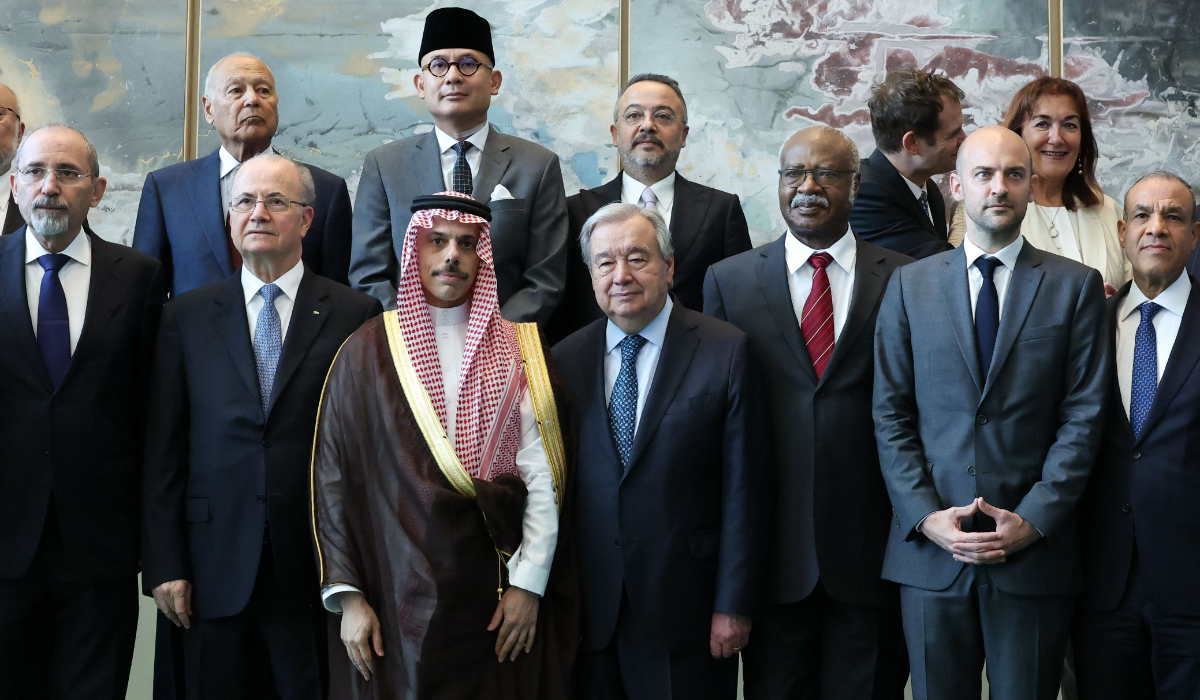 Saudi FM Faisal bin Farhan (3L), UN Secretary General (C) during the UN conference on a two state solution in New York. (AFP)