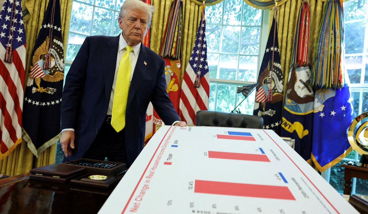 President Trump holds a board, as he makes an announcement on the economy, in Washington. (REUTERS)