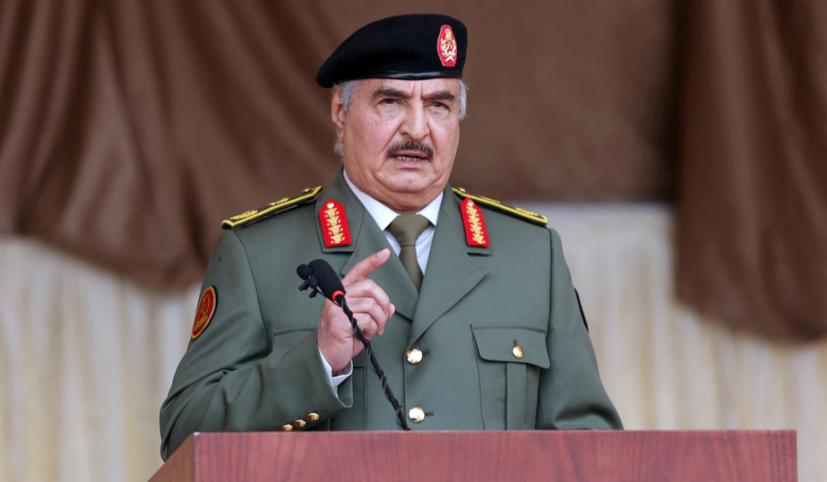 Libyan military commander Khalifa Haftar gestures as he speaks during Independence Day celebrations in Benghazi. (REUTERS)