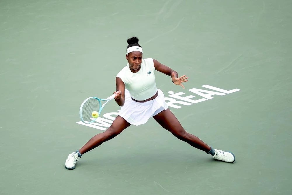 Coco Gauff returns a shot during third-round match action against Veronika Kudermetova at the National Bank Open women’s tennis tournament in Montreal, Thursday. (The Canadian Press via AP)