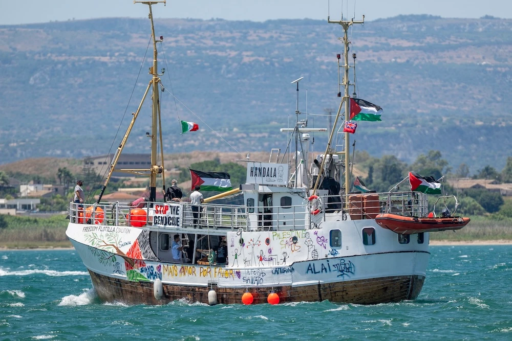 Above, the Handala leaves a port in Syracuse, Sicily, southern Italy on July 13, 2025 bound for Gaza. (AFP)