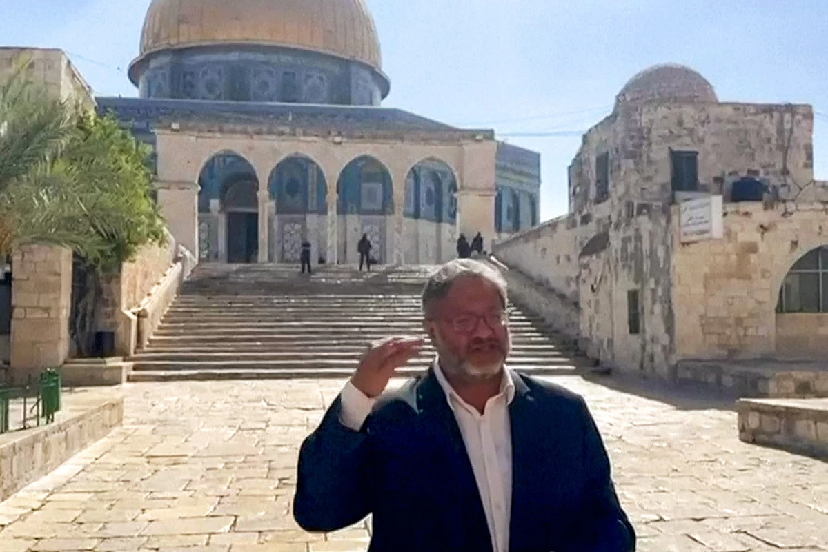 Image grab from video posted on X account of Israel’s National Security Minister Itamar Ben Gvir shows him speaking outside Dome of the Rock at Aqsa mosque compound in old city of Jerusalem, August 3, 2025. (AFP)