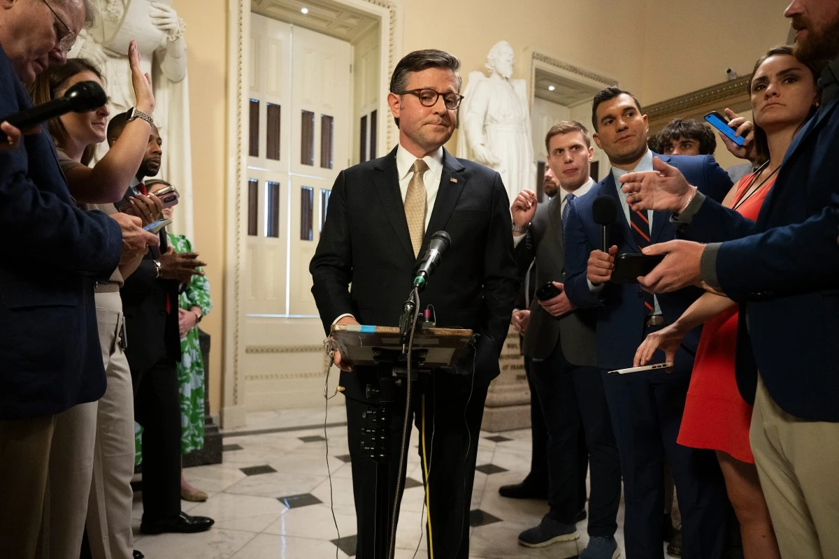 US Speaker of the House Mike Johnson departs after speaking with the press on Capitol Hill in Washington, DC, on July 23, 2025. (AFP)